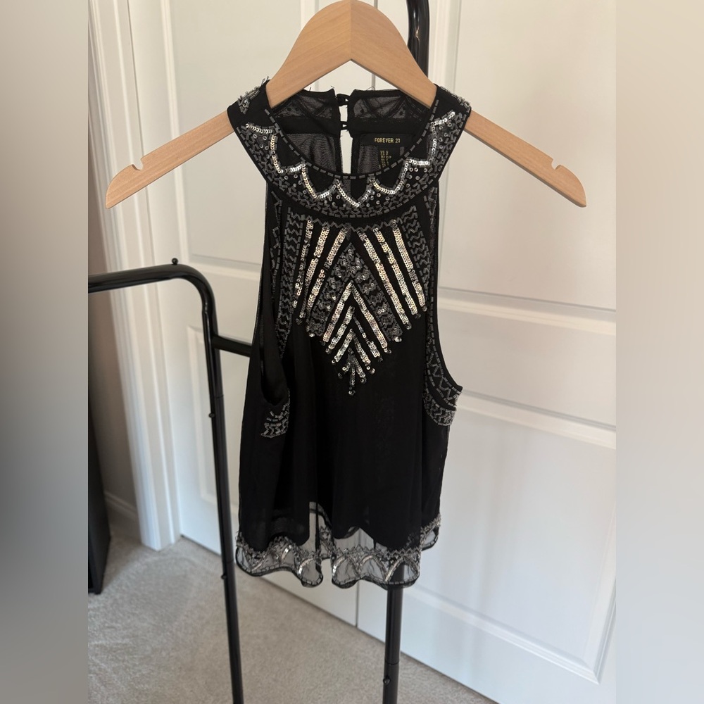 Forever 21 Black Tank Top with Silver Sequin Detail